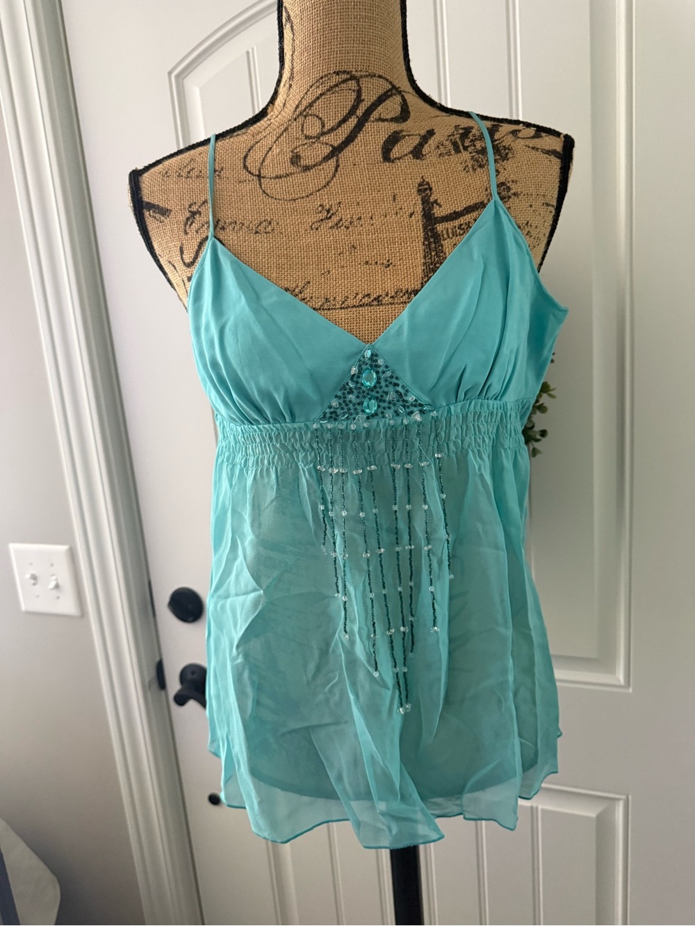 bebe Turquoise Beaded Spaghetti-Strap Tank